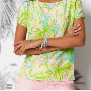 Lilly Pulitzer Guava Elephant Ear Green and Pink Silk Top Size XS